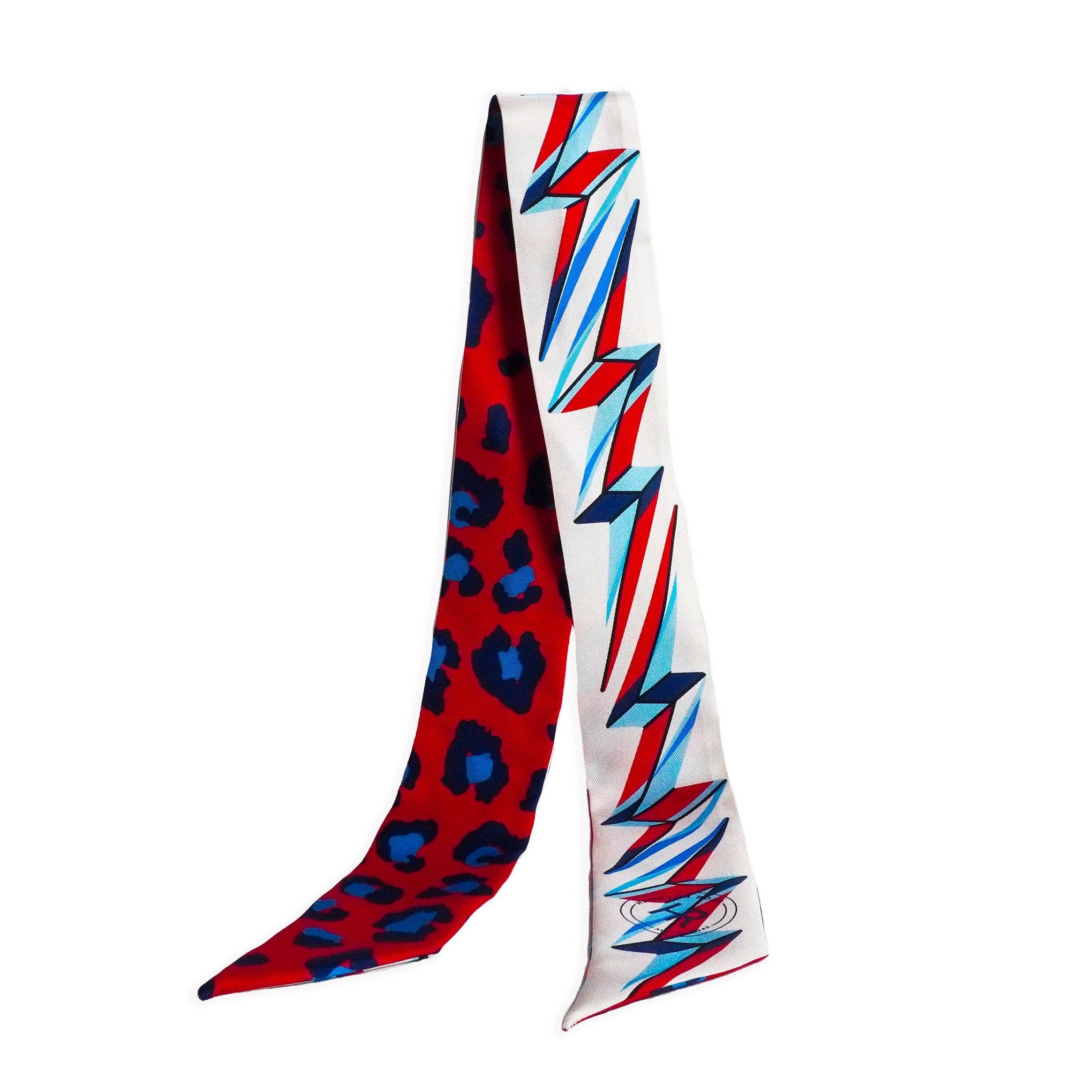 a red and blue patterned scarf