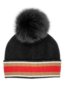 Black Knit Hat with Contrast Cuff and Fox Pom Pom- HTIM94