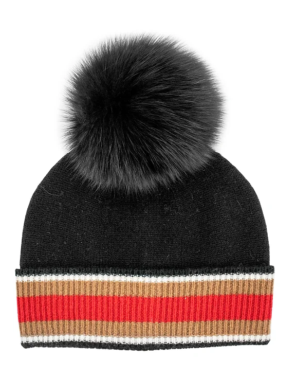 Black Knit Hat with Contrast Cuff and Fox Pom Pom- HTIM94