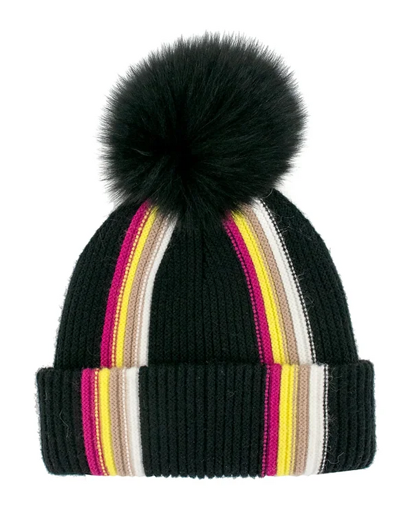 Black Multi Stripe Hat with Fox Pom Pom- HTAN75