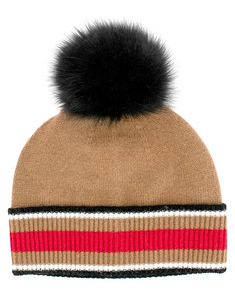 Camel Knit Hat with Contrast Cuff and Fox Pom Pom- HTIM94