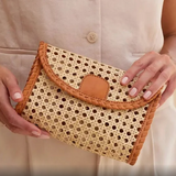 Cane Weave Clutch Brown Leather Trim