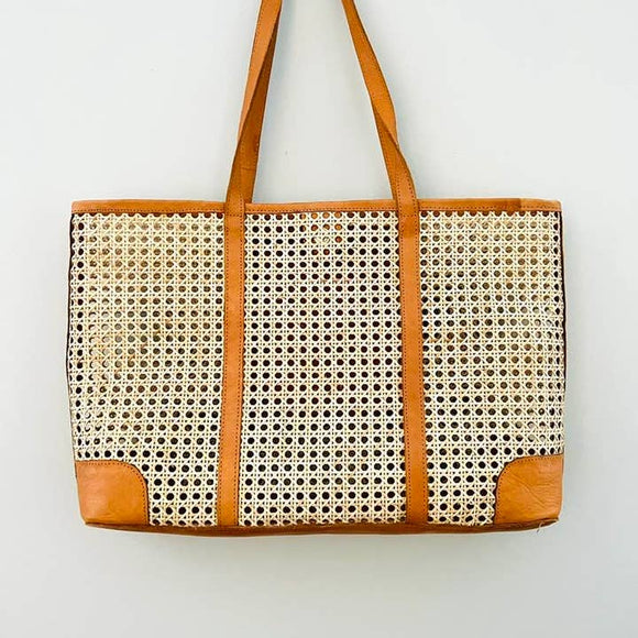 Cane Weave Tote Oversized Brown Leather Trim