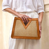 Brown Cane Weave Triangle Window Handbag