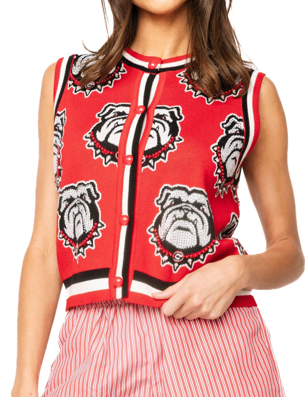 Licensed UGA Knit In Rhinestone Button Up Knit Tank