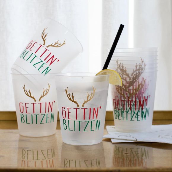 Gettin' Blitzen Party Cups Frosted/Red/Green 16 Oz Set of 10