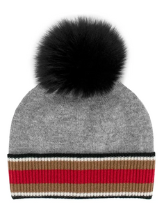 Grey Knit Hat with Contrast Cuff and Fox Pom Pom- HTIM94