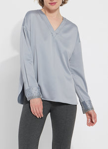 Icylin Beaded Satin Top- Blue Fog