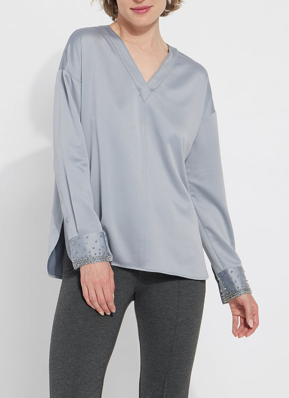 Icylin Beaded Satin Top- Blue Fog