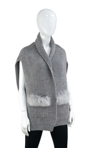 Light Grey Knitted Shawl with Pockets and Fox Trim- WRIM05