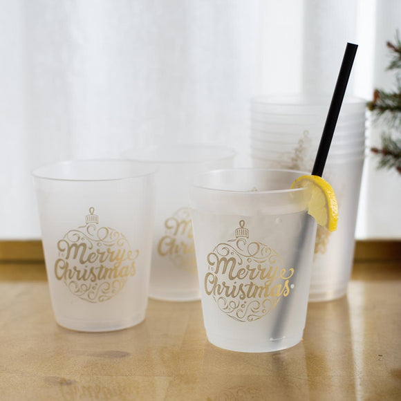 Merry Christmas Ornament Script Party Cups Frosted/Gold 16 Oz Set of 10