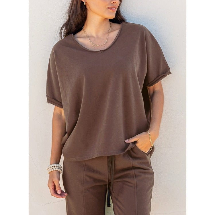 Frenchie Raw Edge V-Neck Mocha