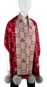 Red Woven Scarf with Bees and Fox Pom Poms- SCCO50