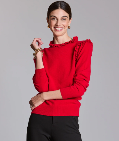 Cashmere Ruffle Neck Sweater- Bright Red