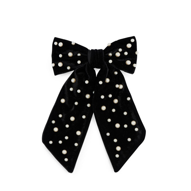 VELVET AND PEARLS BOW CLIP,BLACK