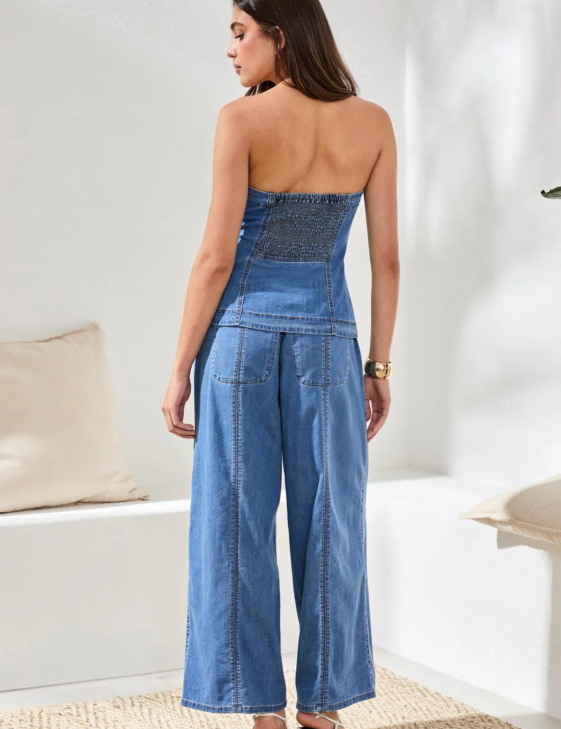 Button Down Denim Bustier w/ Smocking at Back | Amalfi Coast