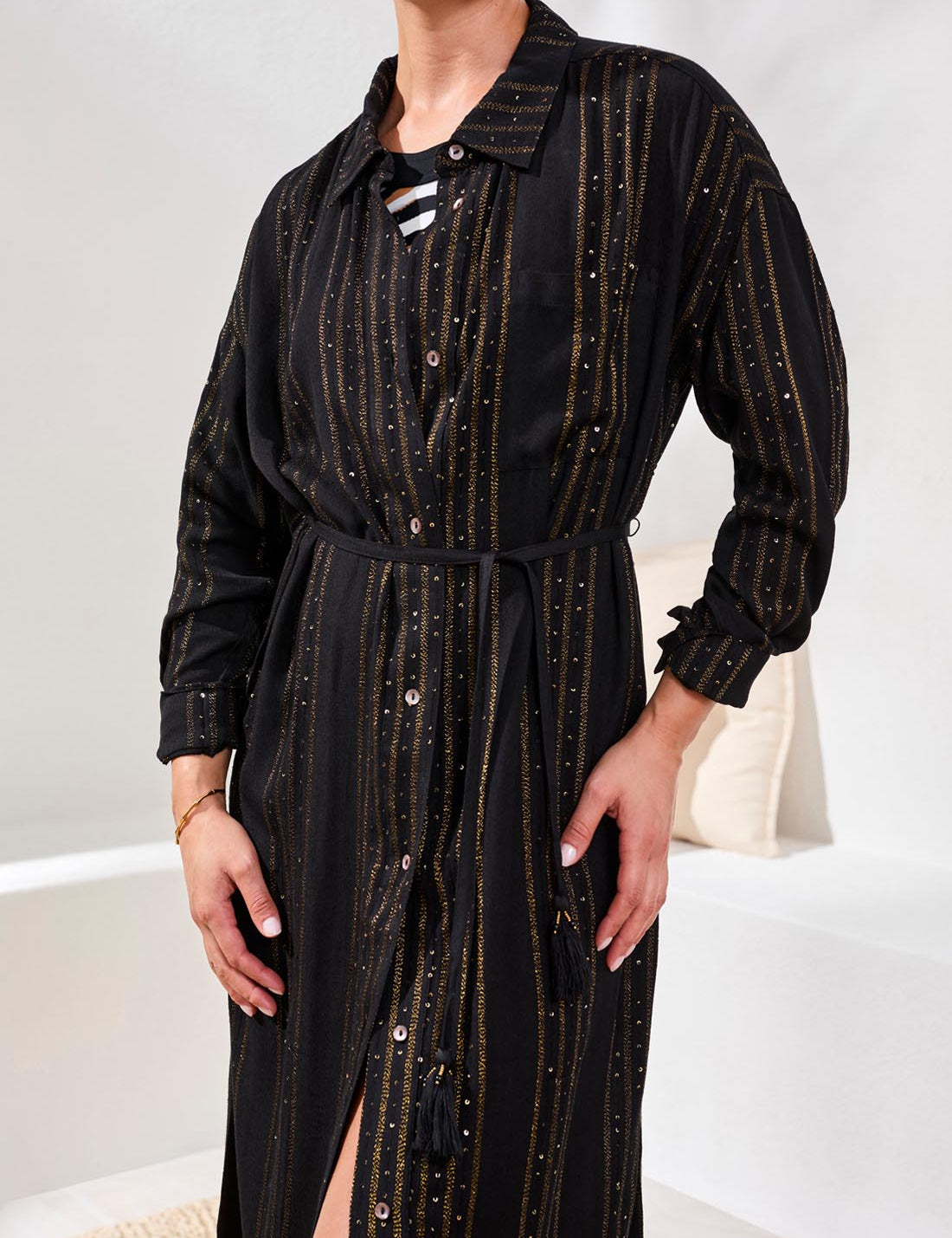 Long Sleeve Button Front Dress | Black