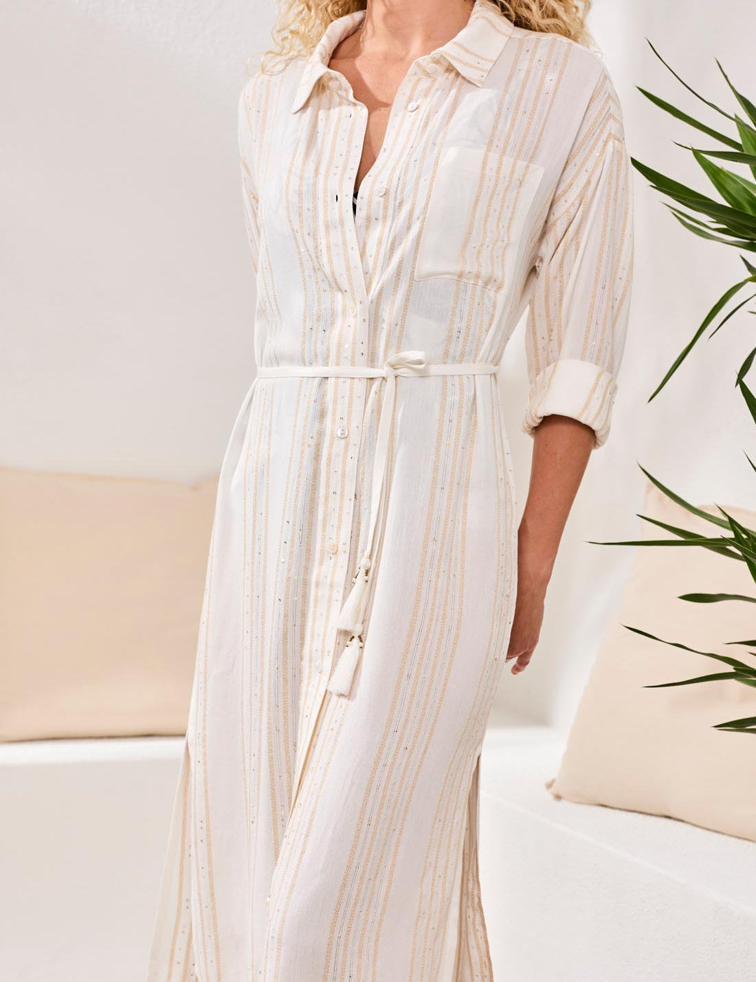 Long Sleeve Button Front Dress | White