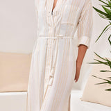 Long Sleeve Button Front Dress | White