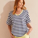 Elbow Sleeve Top with Side Slits- Jet Blue