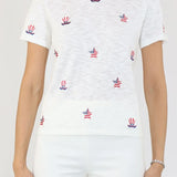 Patriotic Embroidered Cotton/Linen Tee | White