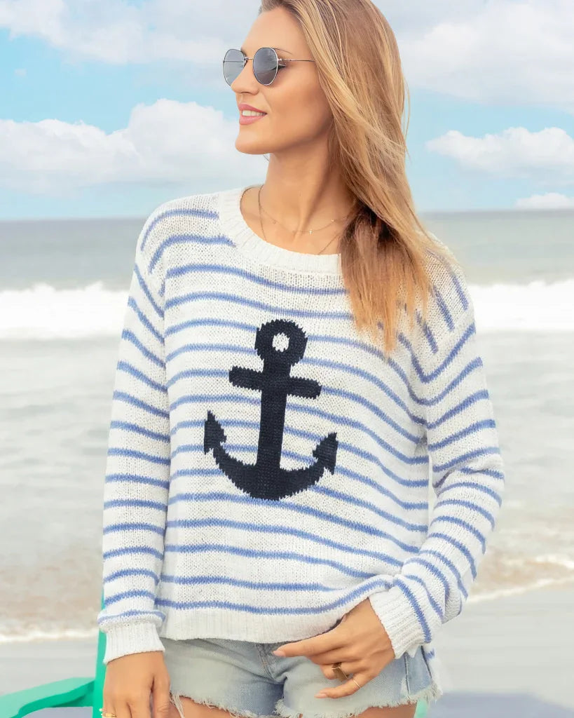 Anchor Striped Crew Cotton | White/Blue/Navy