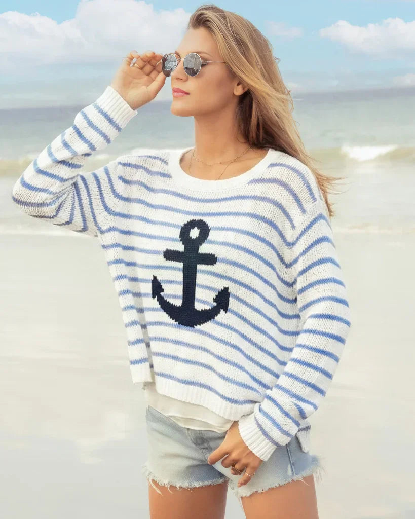 Anchor Striped Crew Cotton | White/Blue/Navy