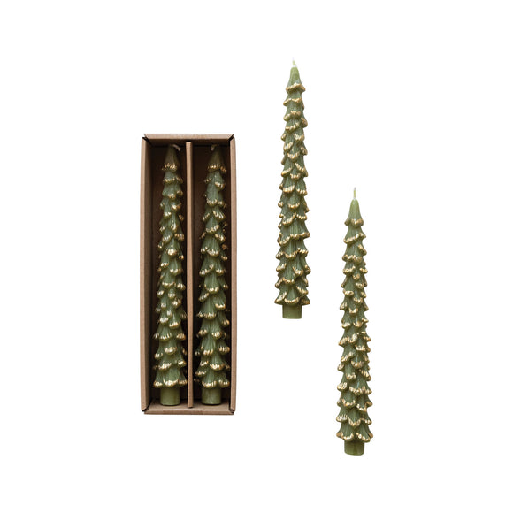 XS4556 Unscented Tree Shaped Taper Candles w/gold tops Evergreen color