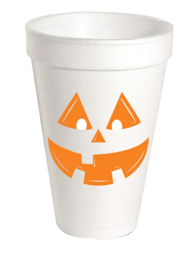a white styrofoam cup with a jack o lantern face