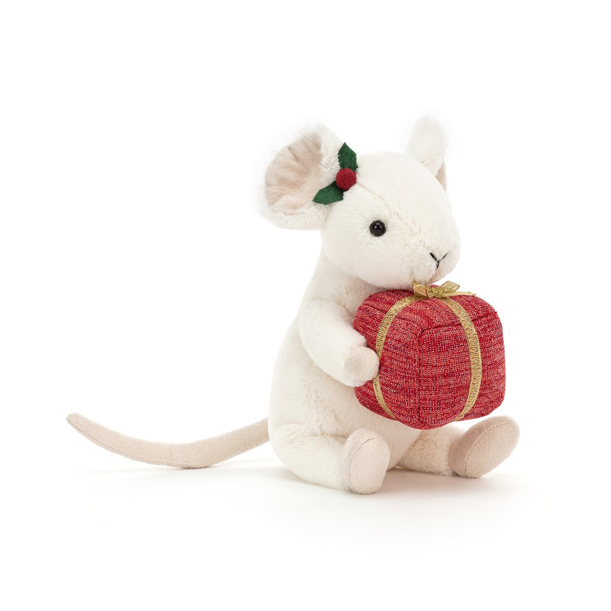 a white mouse stuffed animal holding a red present
