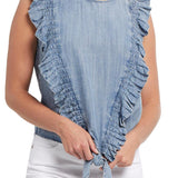 Sleeveless Blouse W/ Ruffles & Front Tie- Blue Chambray