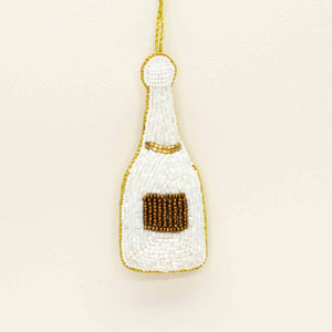 Champagne Bottle Beaded Ornament White/Gold 4"