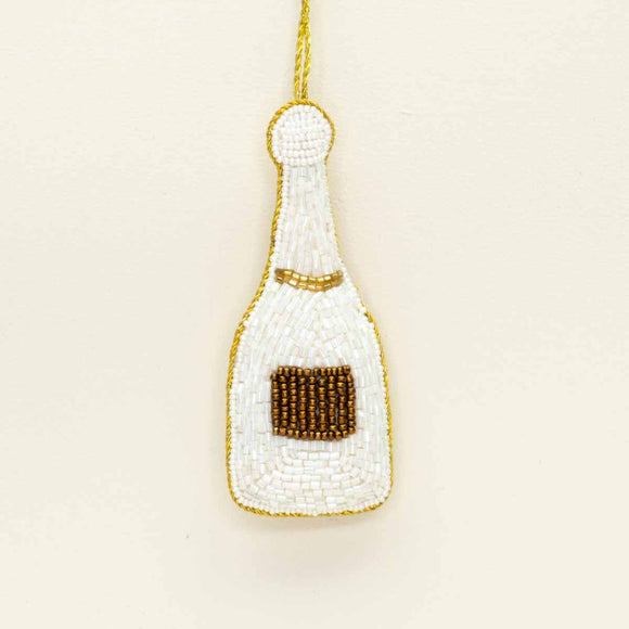 Champagne Bottle Beaded Ornament White/Gold 4