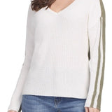 L/S V-neck Sweater W/ Contrast Back- Cream M
