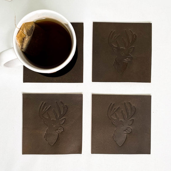 Deer Leather Embossed Coasters Dark Brown 4x4