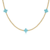 15" Choker Signature Cross Gold Pattern 2mm Bead- Turquoise