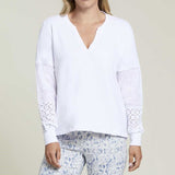 L/S Split Neck Top w/ Embroidery- White