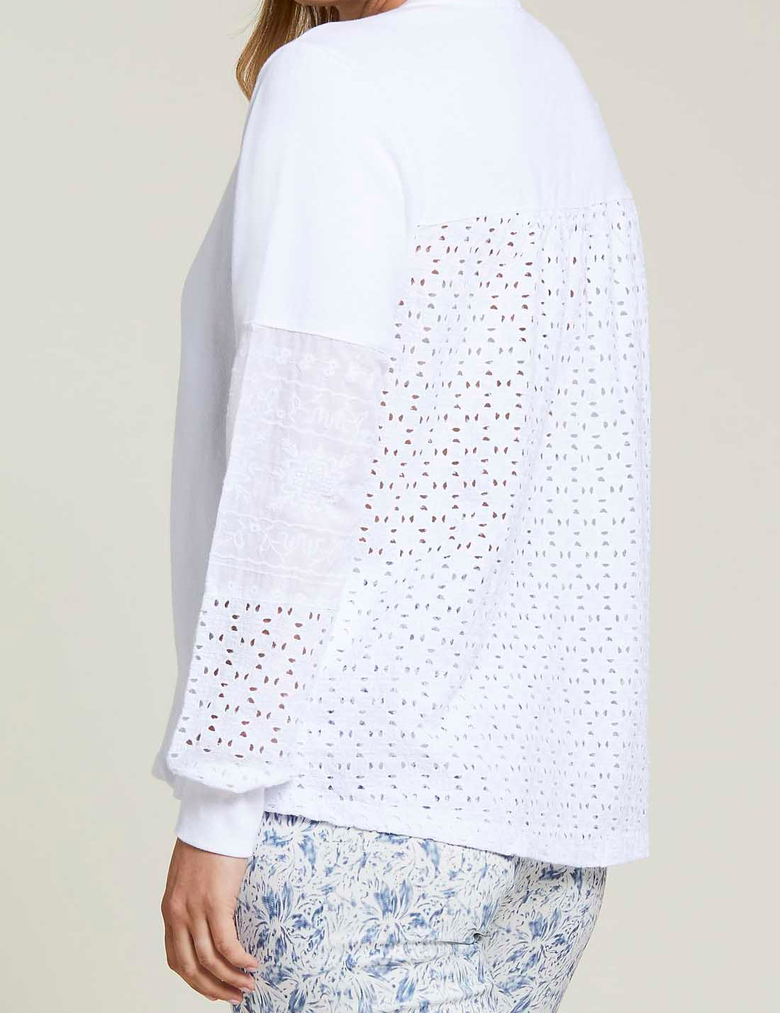 L/S Split Neck Top w/ Embroidery- White