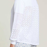 L/S Split Neck Top w/ Embroidery- White
