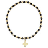 Gold Grateful Pattern 3MM Bead Bracelet- Faceted Onyx- Signature Cross Gold Charm