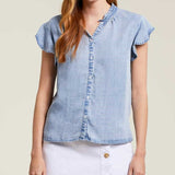 Button Front Blouse with Frill Sleeve- Fade Blue