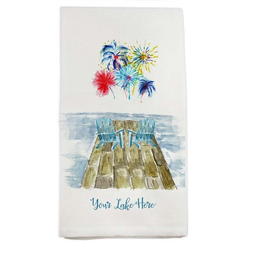 Dock With Fireworks Lake Oconee Dishtowel