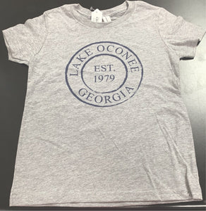 Youth T-Shirt- Lake Oconee Est. 1979 Circle Stamp (Dark Blue Ink on Heather Grey Shirt)