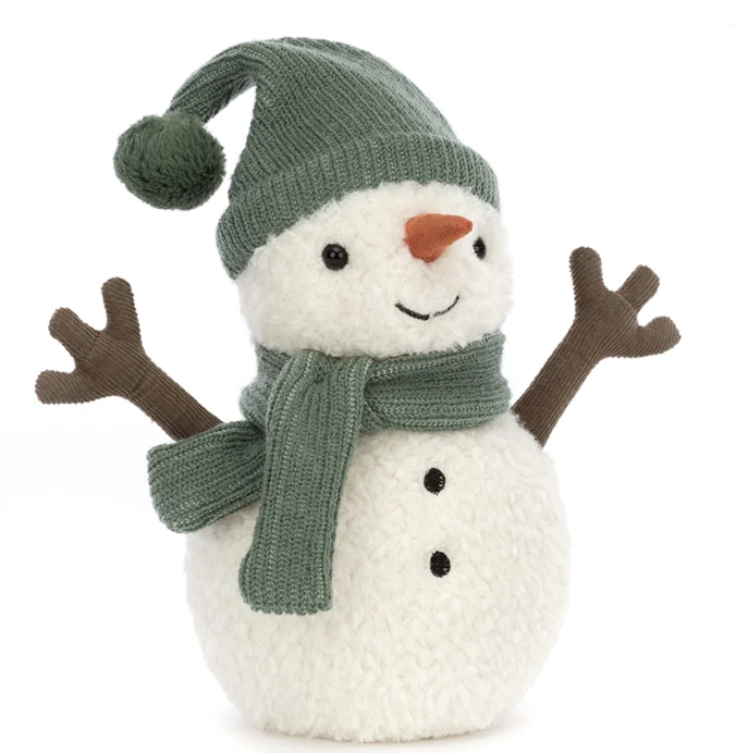 a snowman stuffed toy with green hat and scarf