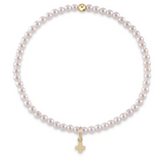Gemstone 3mm Bead Bracelet- Pearl- Signature Cross Small Gold Charm