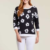 Reversible 3/4 Sleeve Crewneck Sweater- Black