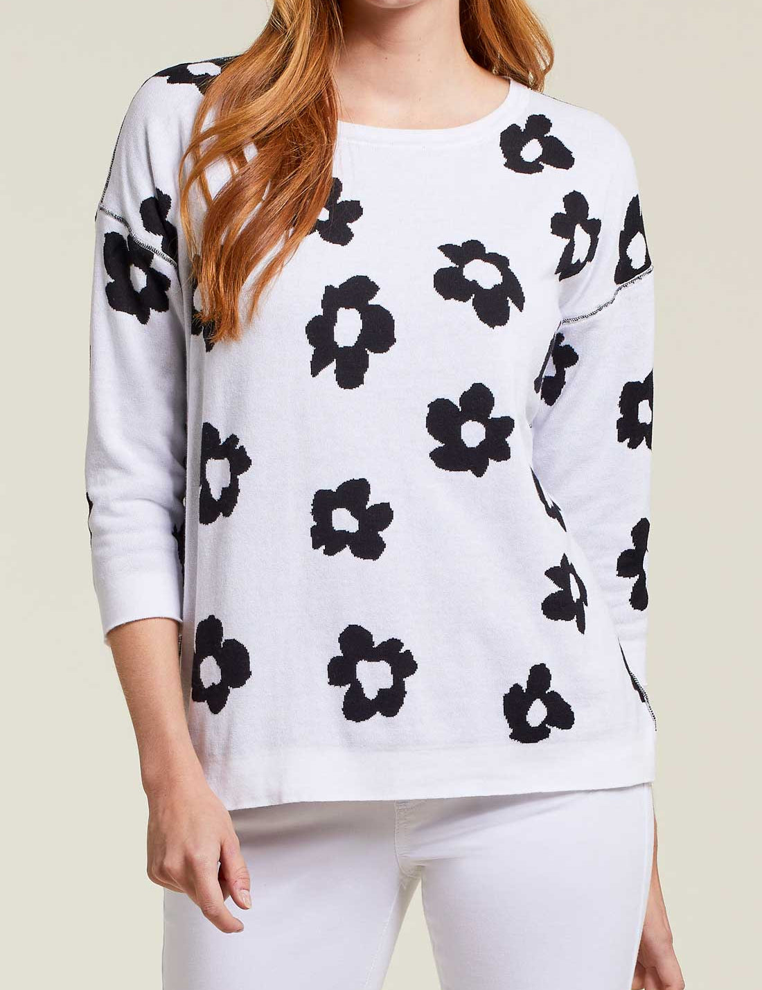 Reversible 3/4 Sleeve Crewneck Sweater- Black