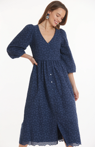 Sabrina Eyelet Puff Sleeve Dress- Navy