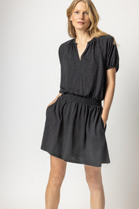 Elastic Waist Split Neck Dress