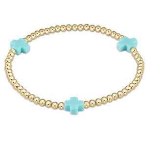 Signature Cross Gold Pattern 3mm Bead Bracelet- Turquoise